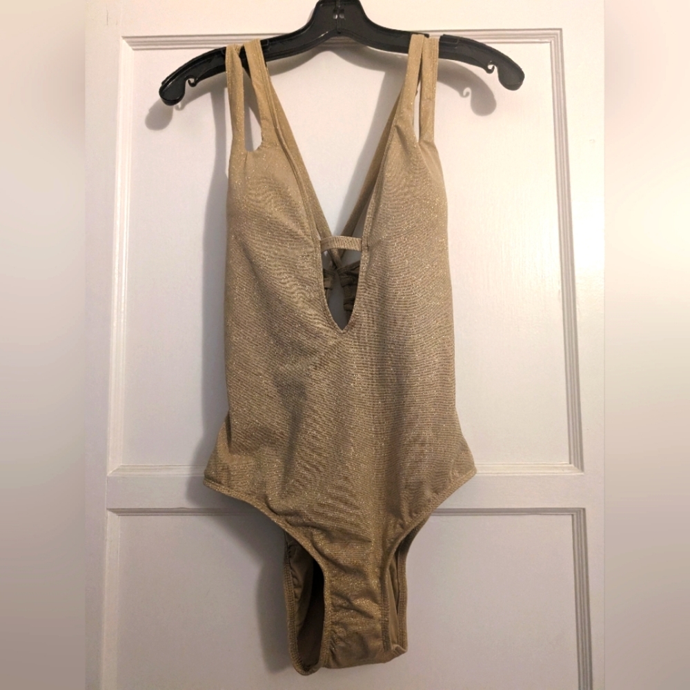 BECCA Metallic Gold V-Neck One-Piece Swimsuit